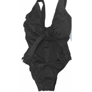 GREAT LENGTHS BLACK TIE FRONT SWIM ONE PIECE SWIMSUIT SIZE 8 FRINGE $78 New!